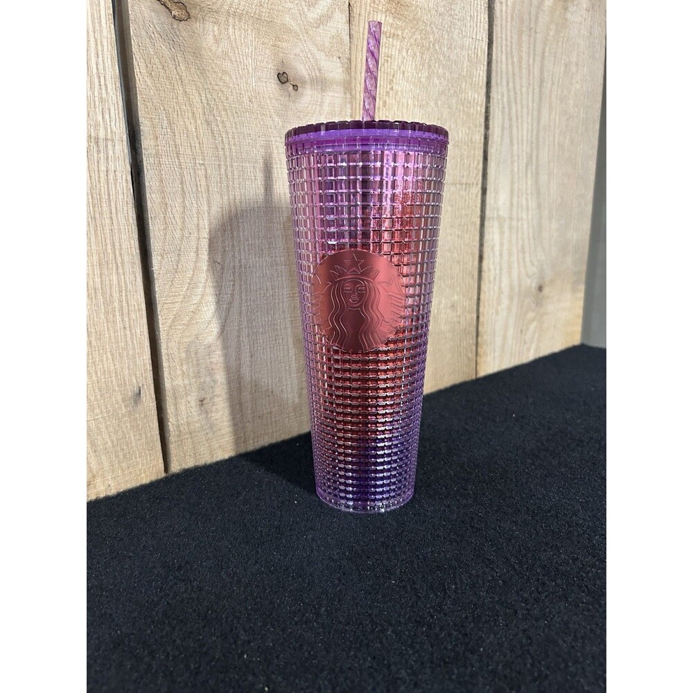 Starbucks Iridescent Grid Tumbler 24 Oz Cold Cup Purple/Red 2021 Summer W/Straw